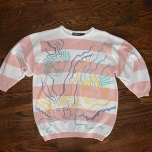 80s 90s VTG retro SWEATER womens M medium pink white artsy 100% cotton Faces